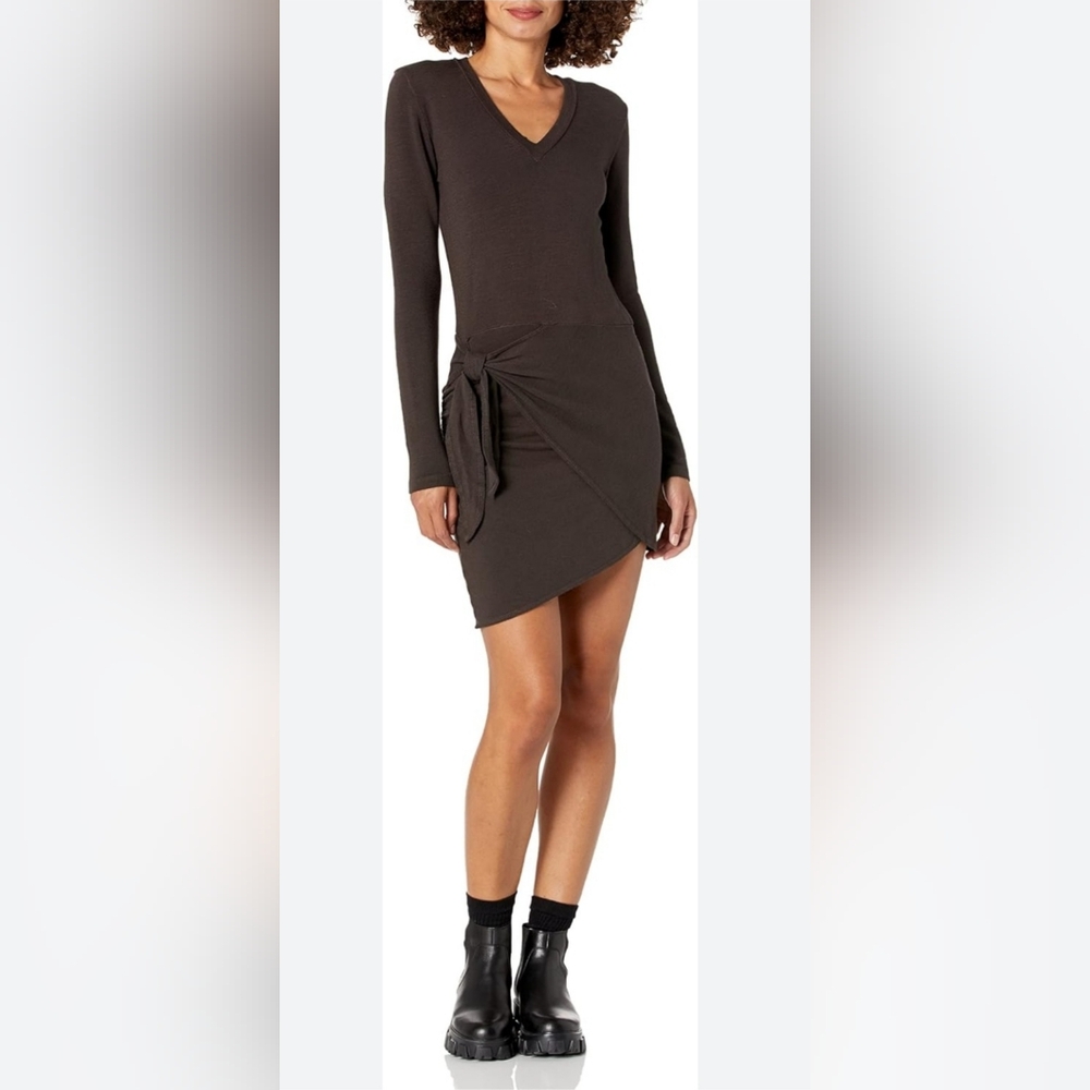 Monrow Women's Supersoft Long Sleeve V-Neck Dress with Side Tie, Size SMALL, NWT